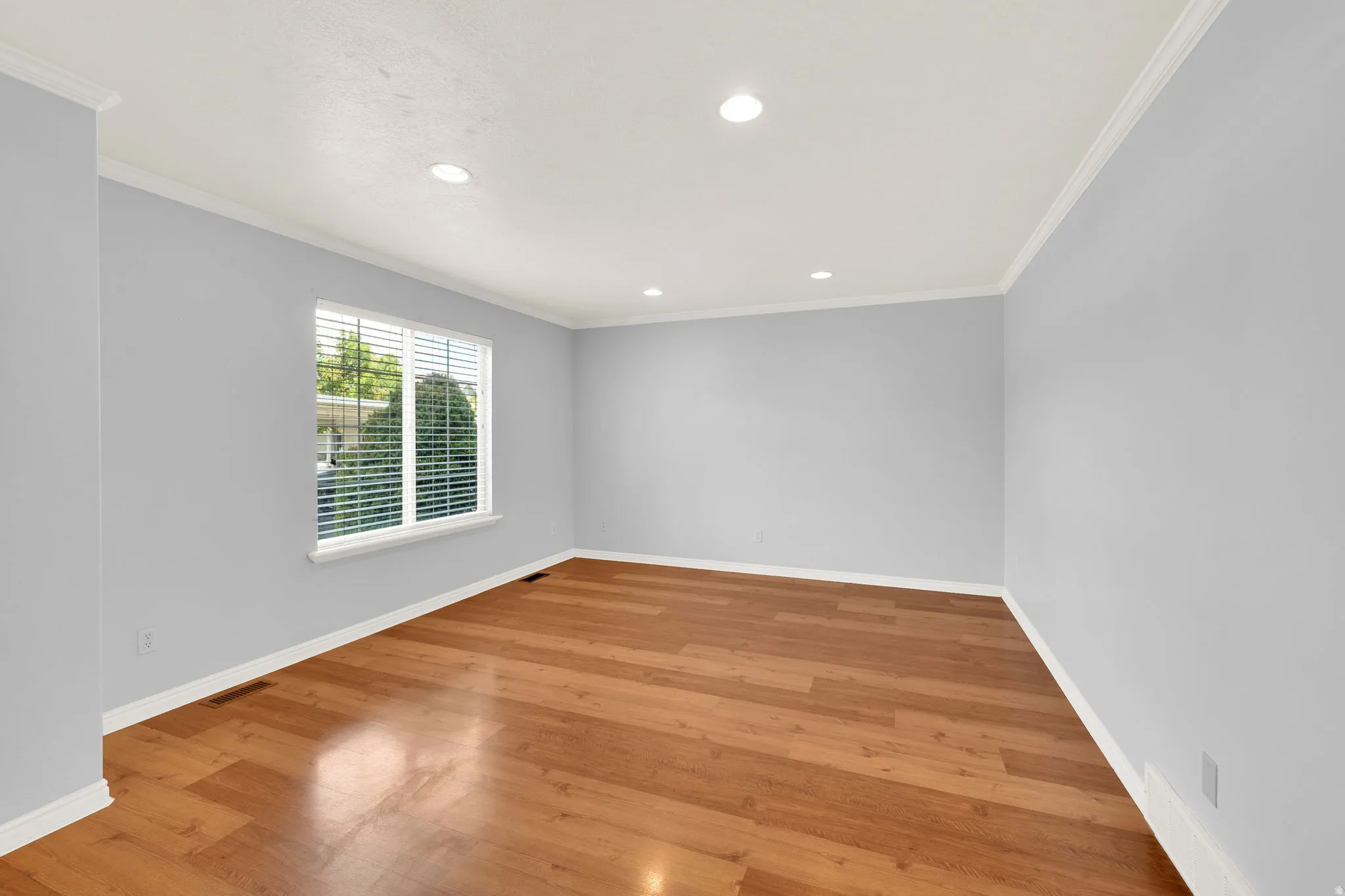 Light-filled interior space featuring wood-finish flooring, white baseboards, and crown molding