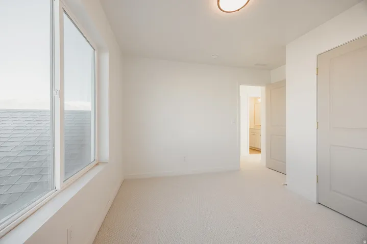 Light-filled room featuring a large window, neutral wall paint, white trim, and light-colored carpet flooring