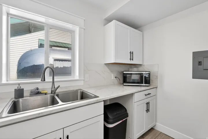 Modern utility area featuring a dual-basin stainless steel sink with gooseneck faucet