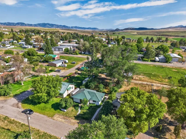 Aerial perspective of a verdant rural community with distant mountains