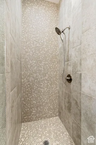 Shower enclosure featuring large format wall tiles, penny tile accent wall, penny tile shower floor, and a brushed nickel shower head with handheld attachment