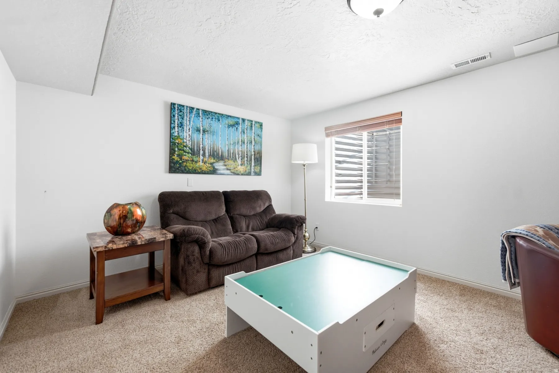 Carpeted living space with white walls and a single window featuring horizontal blinds