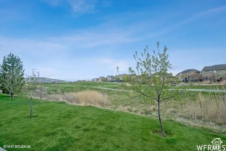 Expansive green lawn with scattered trees