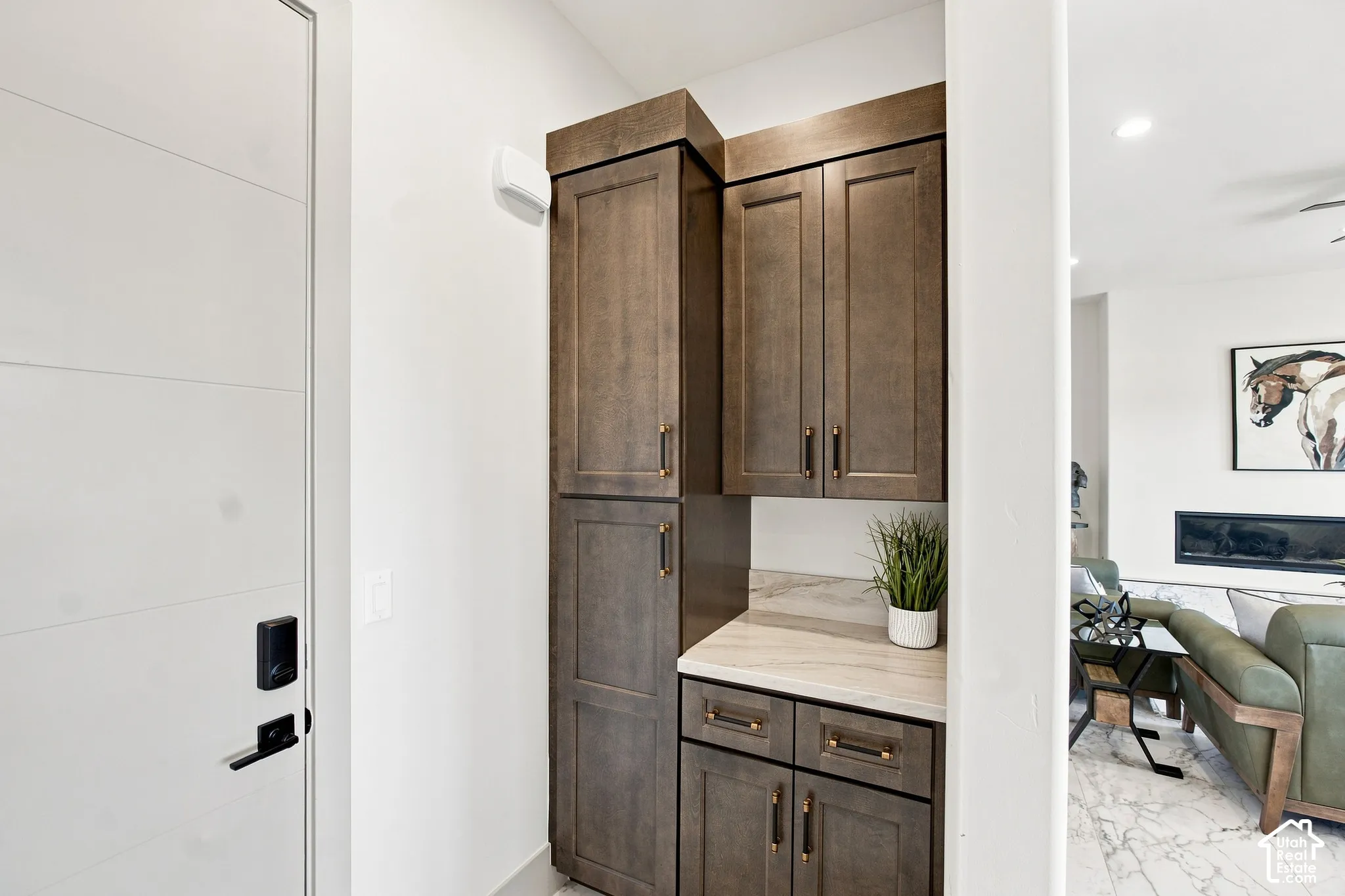 Built-in wood-finish cabinetry with brass hardware, light-toned countertop, and recessed lighting