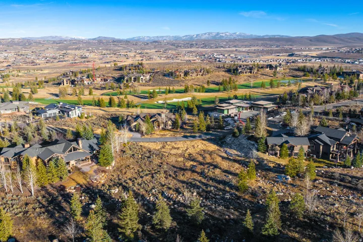 Expansive mountain landscape with scattered evergreen and deciduous trees, featuring multiple residential properties with varied architectural styles