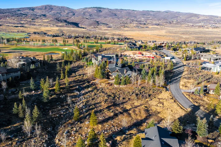 Mountainous landscape with scattered evergreen and deciduous trees, featuring residential properties with dark-toned roofs