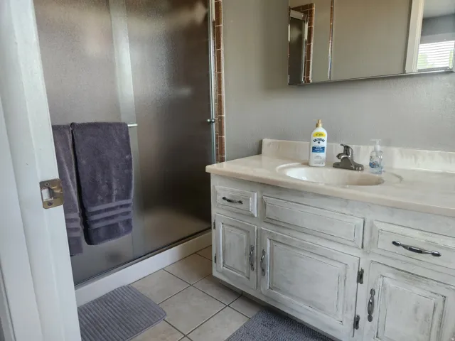 En suite primary bathroom with walk-in shower.