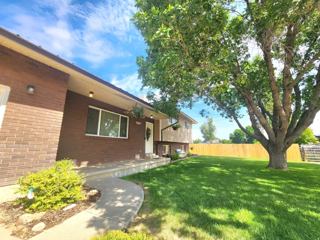 Brick and siding exterior featuring a covered entry, established landscaping, and a mature shade tree