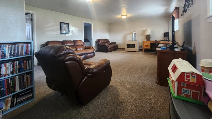 Spacious family room with gas stove