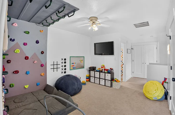 Recreational room featuring an indoor climbing wall, ceiling-mounted rock climbing handles, and neutral carpet flooring