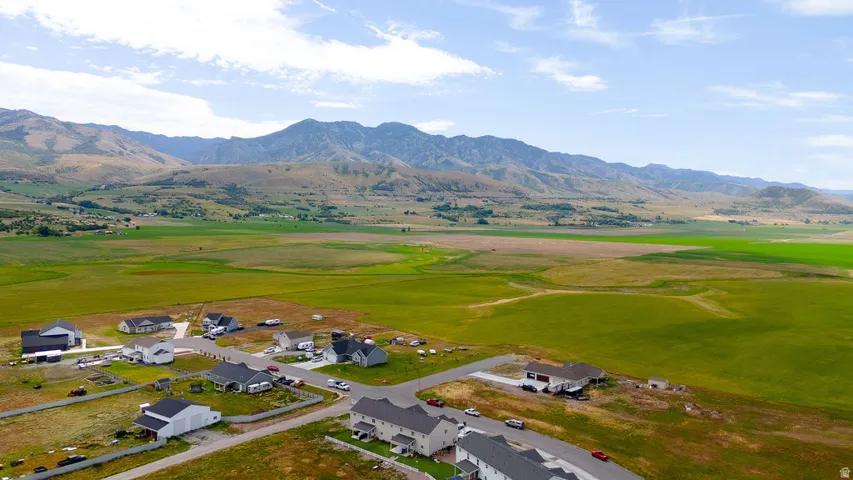 Residential development featuring multiple single-family homes and townhomes, surrounded by expansive green fields and distant mountains