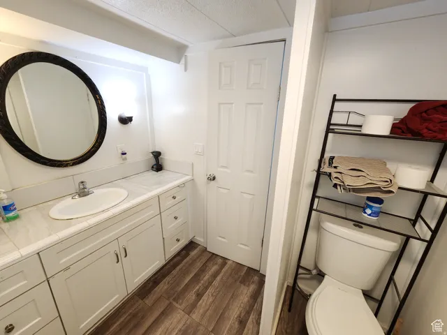 Bathroom featuring a white vanity with an integrated sink, a gray-veined countertop, and wood-finish flooring