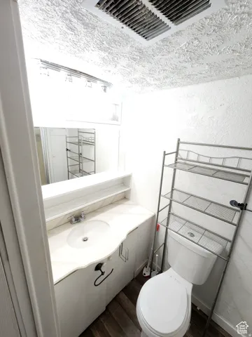 Bathroom featuring a vanity with a drop-in sink, a wall-mounted mirror, and wood-finish flooring