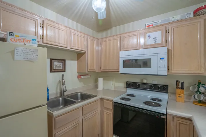 Kitchen featuring light wood-finish cabinetry, a double basin stainless steel sink with a gooseneck faucet, light-colored countertops, a built-in microwave, and an electric range