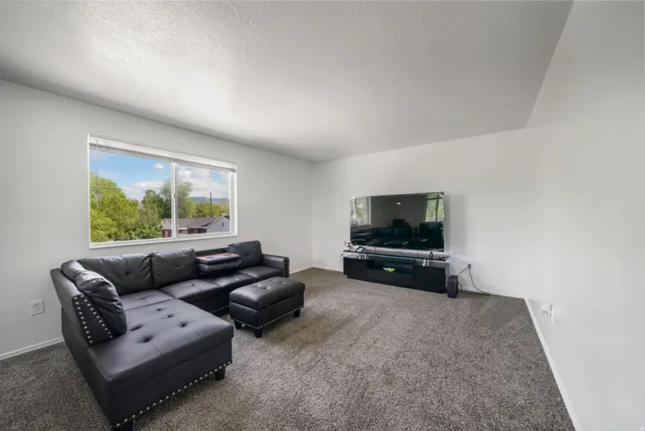 Bright living area with a large window, light gray walls, textured ceiling, and gray carpet flooring