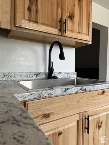 Kitchen sink area featuring light wood cabinetry with dark hardware, a stainless steel sink, and a black gooseneck faucet