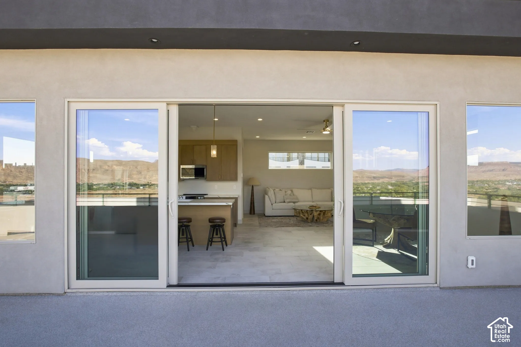Sliding glass door system opening to a patio