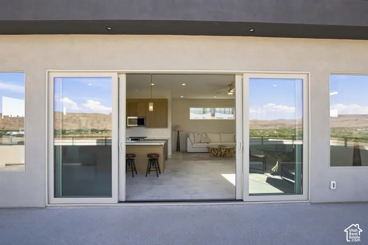 Sliding glass door system opening to a patio