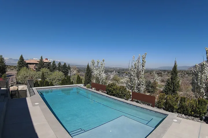 Outdoor swimming pool featuring integrated steps and perimeter concrete decking