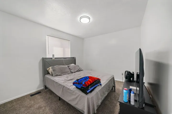 Carpeted room featuring a window with blinds, a ceiling-mounted light fixture, and white painted walls