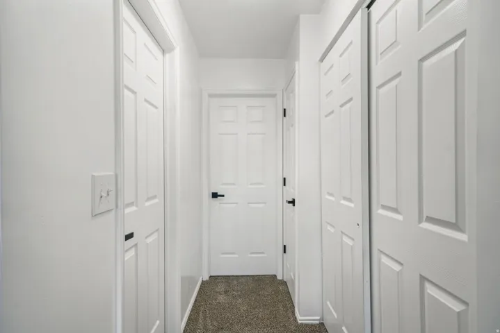 Hallway featuring white paneled doors, matte black hardware, and neutral-toned carpeting