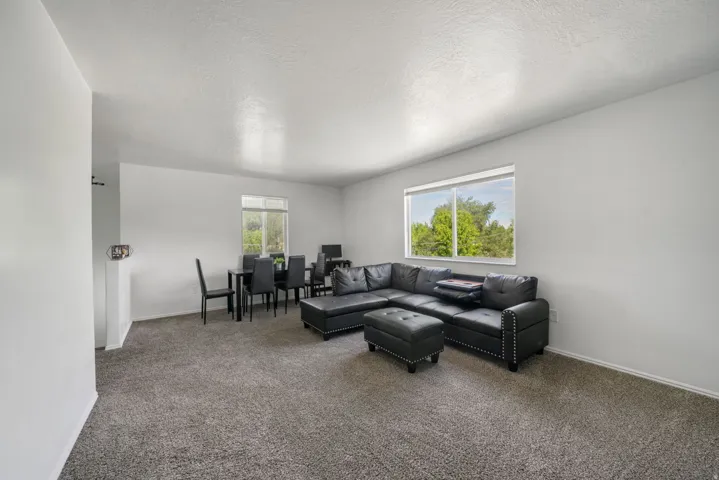 Spacious living area featuring neutral carpeting, a large window, and light-colored walls