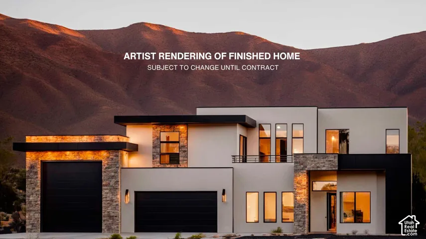 Contemporary exterior featuring multi-textured facade, expansive windows, multiple garage bays, and integrated exterior lighting