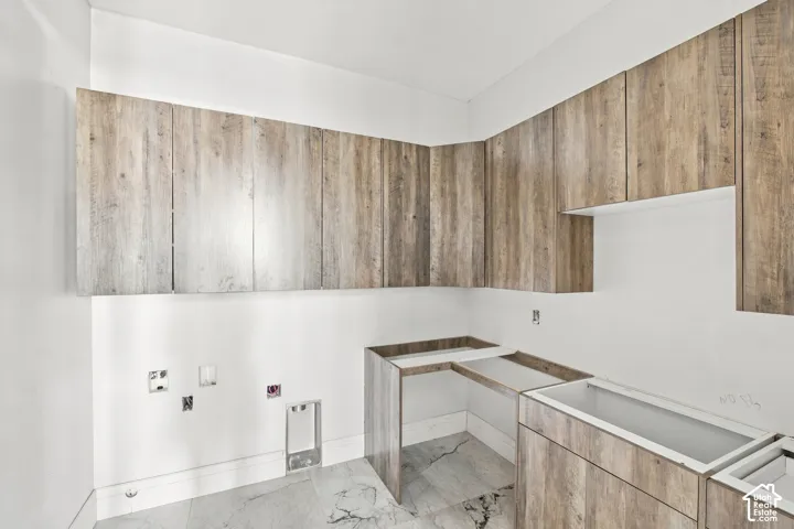 White walls with wood-finish cabinetry