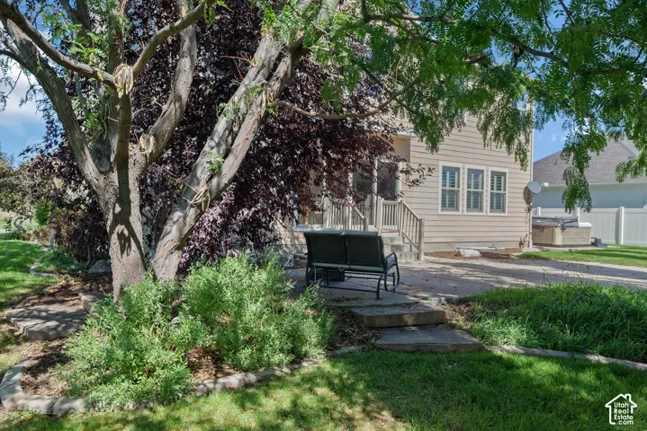 Backyard view showcasing the established landscaping, mature trees, and private outdoor setting.