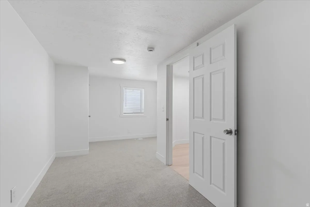 Neutral-toned interior featuring light gray carpeting, white walls, and a white six-panel door