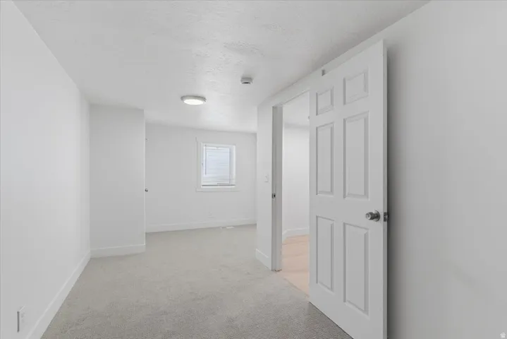 Neutral-toned interior featuring light gray carpeting, white walls, and a white six-panel door
