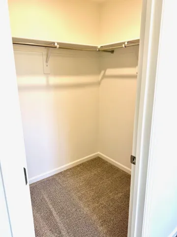 Bedroom #2 Walk-in closet featuring carpet flooring, built-in shelving, and a hanging rod