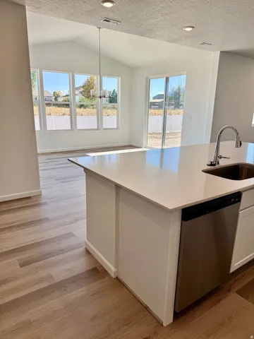 Kitchen island with an undermount sink, a stainless steel dishwasher, and a light-toned countertop