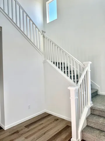 Two-story foyer with LVT flooring, white craftsman railing and carpet on the stairs.