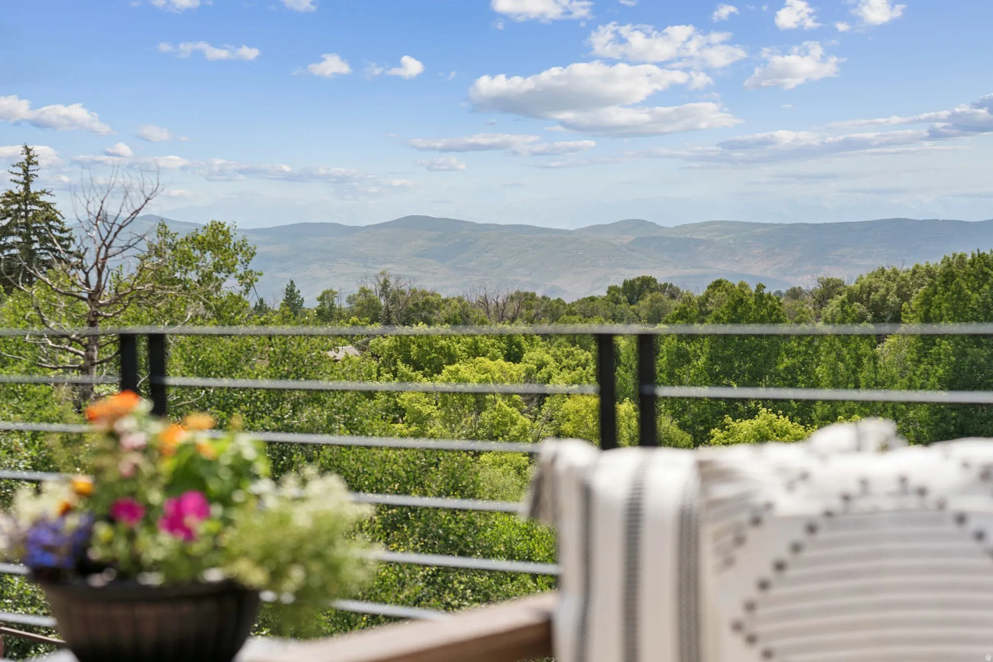 Outdoor balcony featuring a metal railing system, lush green foliage, and distant mountain scenery
