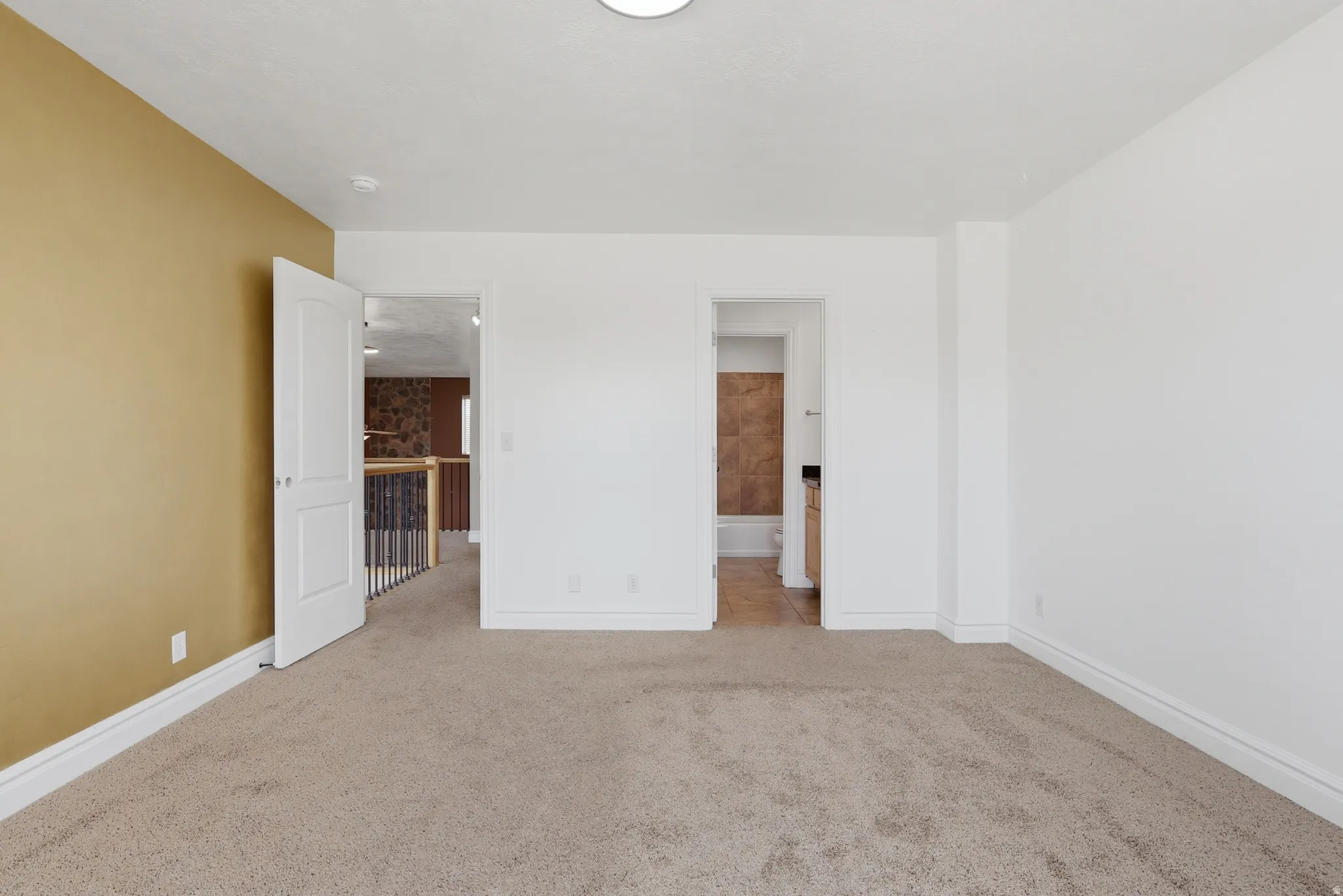 Expansive carpeted room featuring a neutral color palette, white baseboards, and a flush-mounted ceiling light
