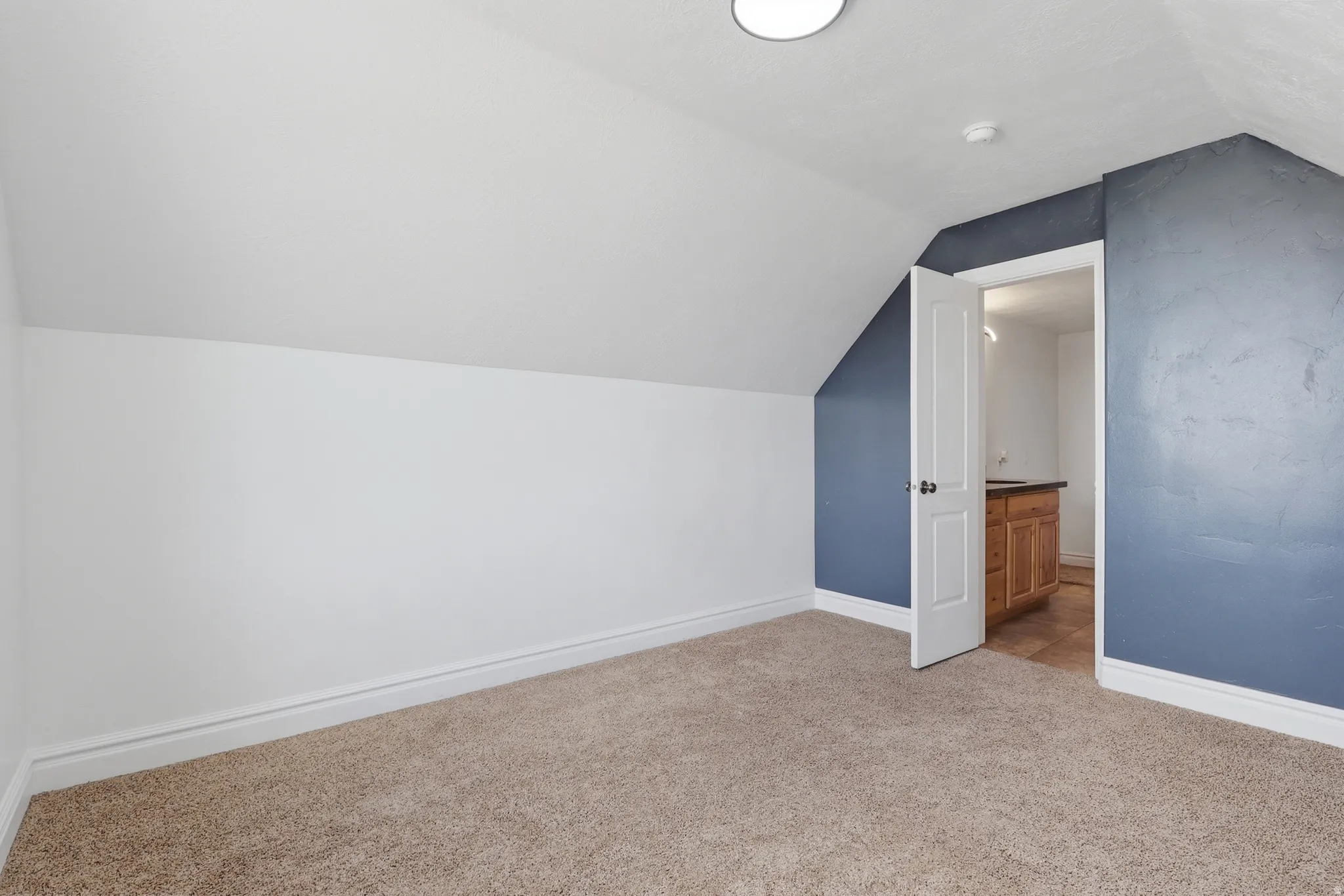Carpeted room featuring a white door, contrasting blue and white walls, sloped ceilings, and white baseboards