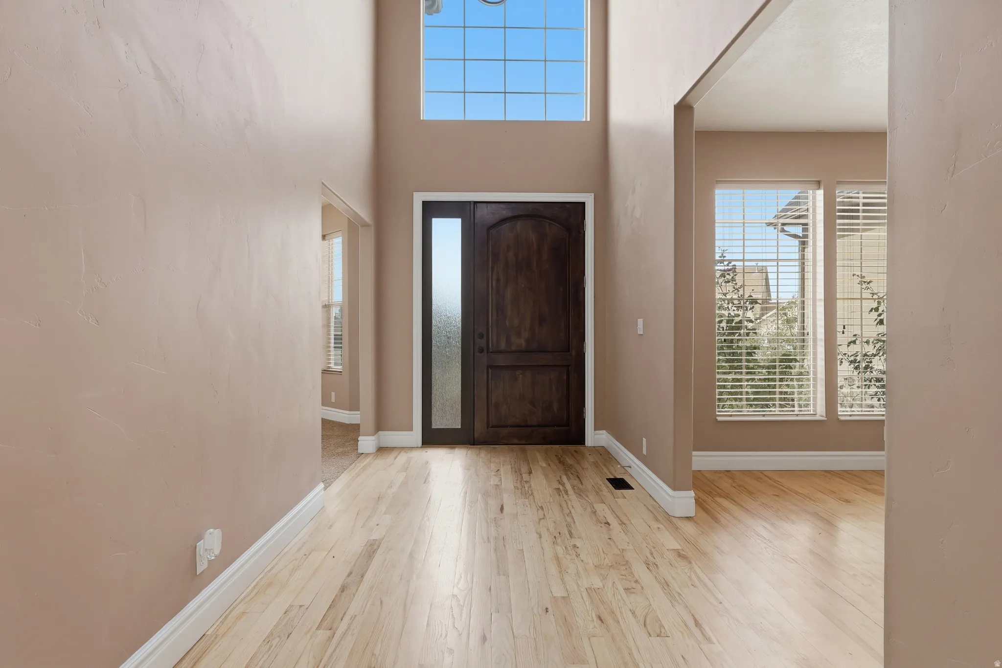 Entryway featuring a dark wood front door with a frosted glass sidelight, light wood-finish flooring, and a high ceiling with an upper window