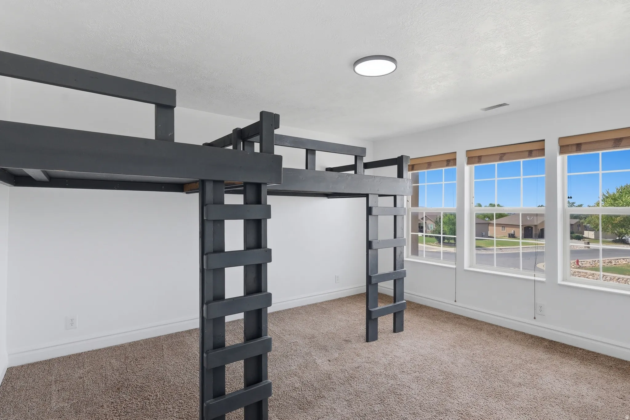 Room featuring a built-in loft structure, plush carpet flooring, and white painted walls