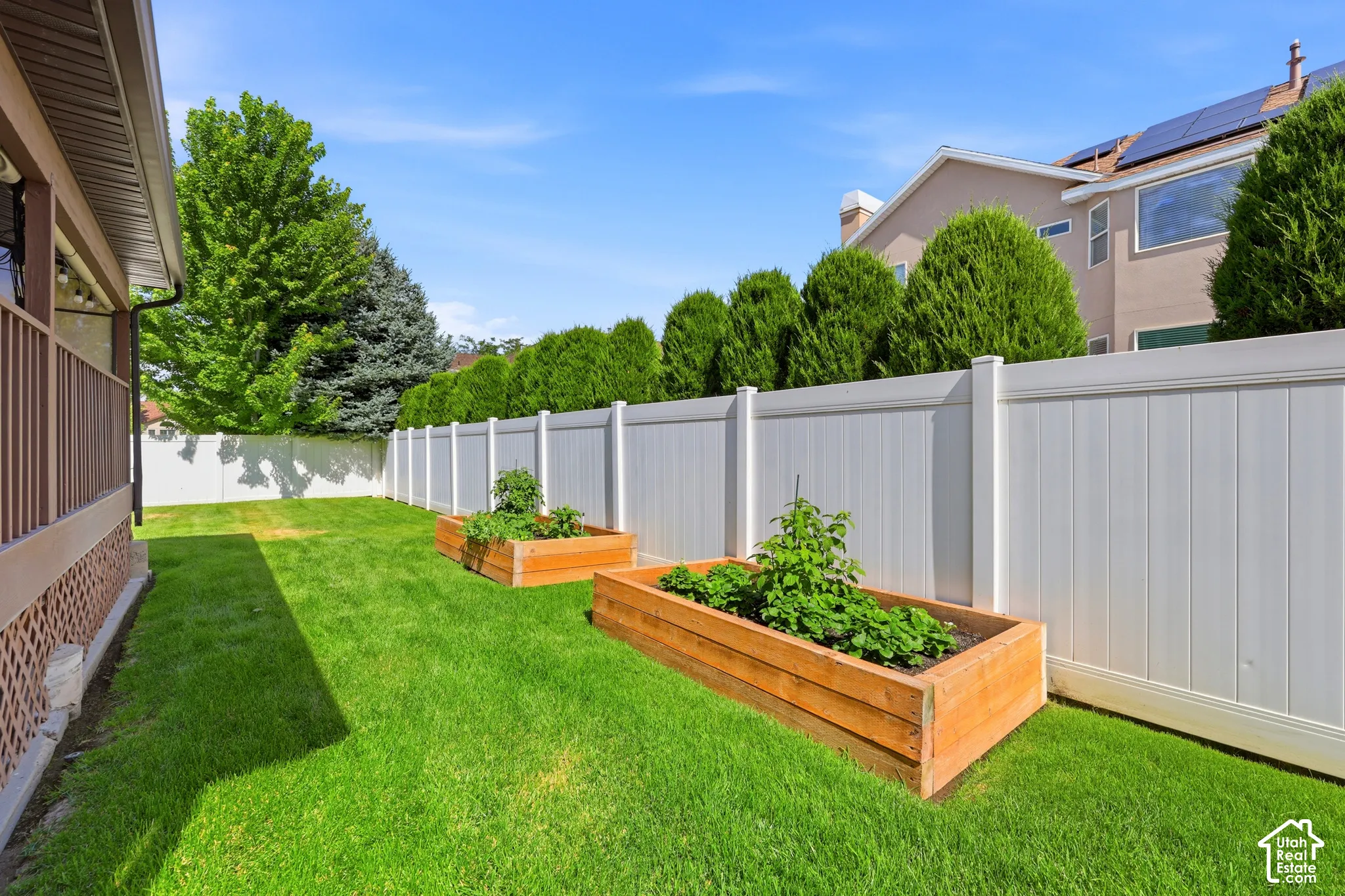 Expansive green lawn featuring two raised garden beds