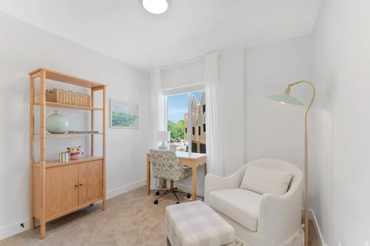 Bright room with light-colored walls and carpeted flooring