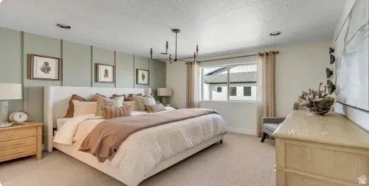 Wall paneling accent with recessed lighting and a contemporary chandelier. PICTURE IS OF A SIMILAR HOME