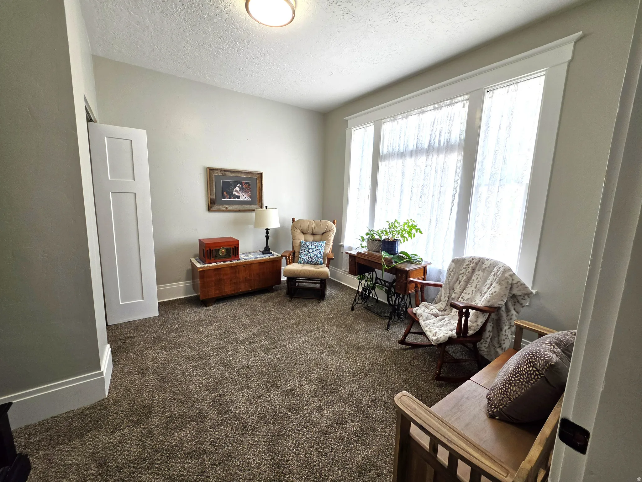 Room featuring light gray walls, textured carpeting, and a three-panel window with white trim