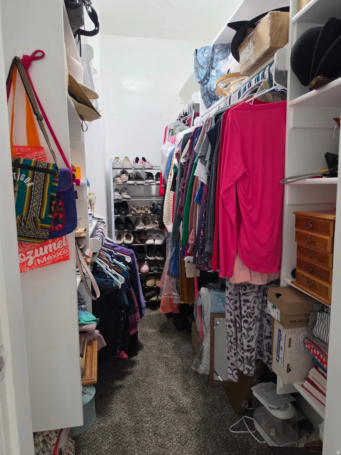 Walk-in closet with carpet flooring, white shelving, and multiple hanging rods for clothing storage