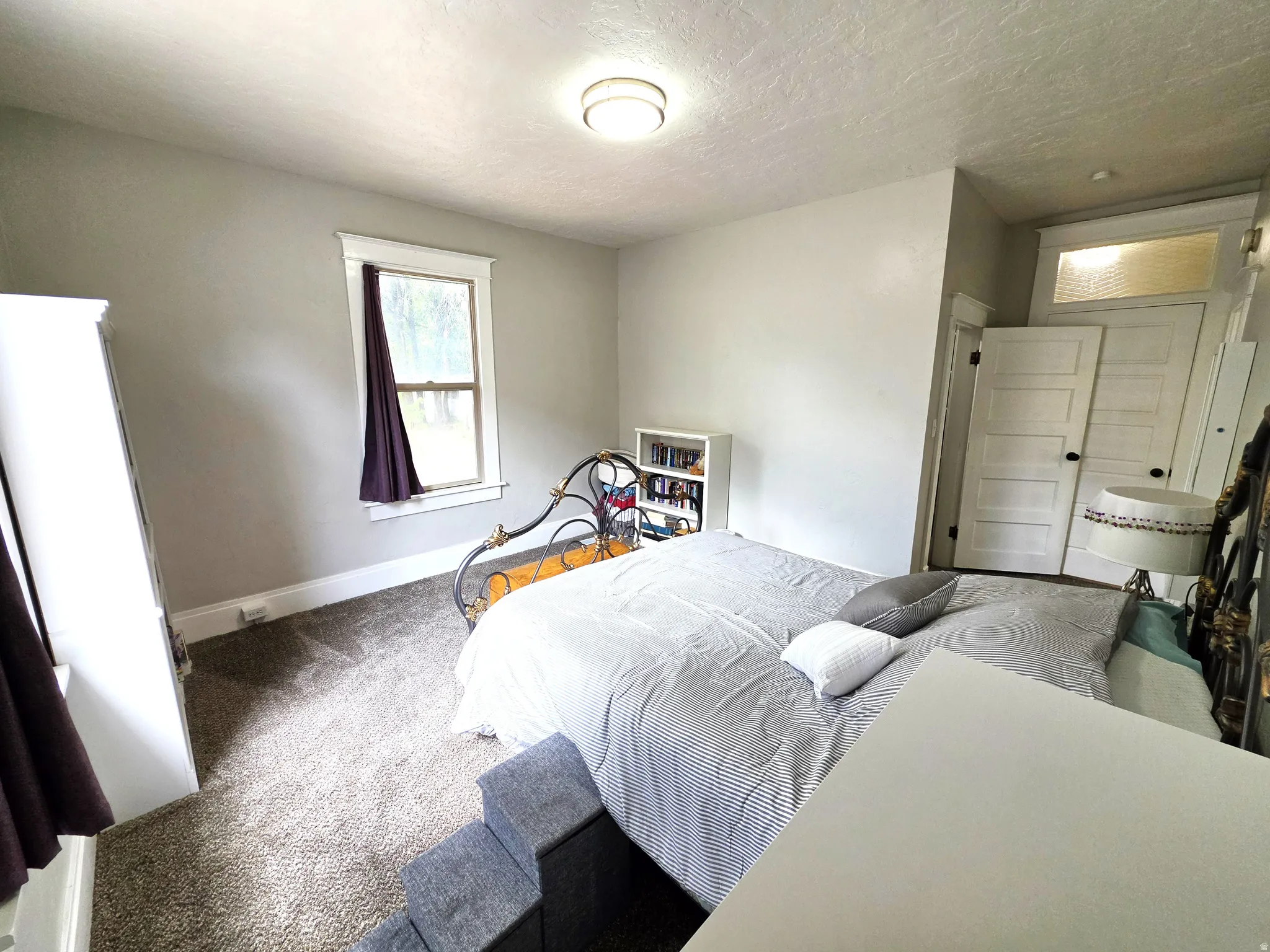 Light-filled room featuring a single window with white trim, gray wall paint, and gray carpet flooring