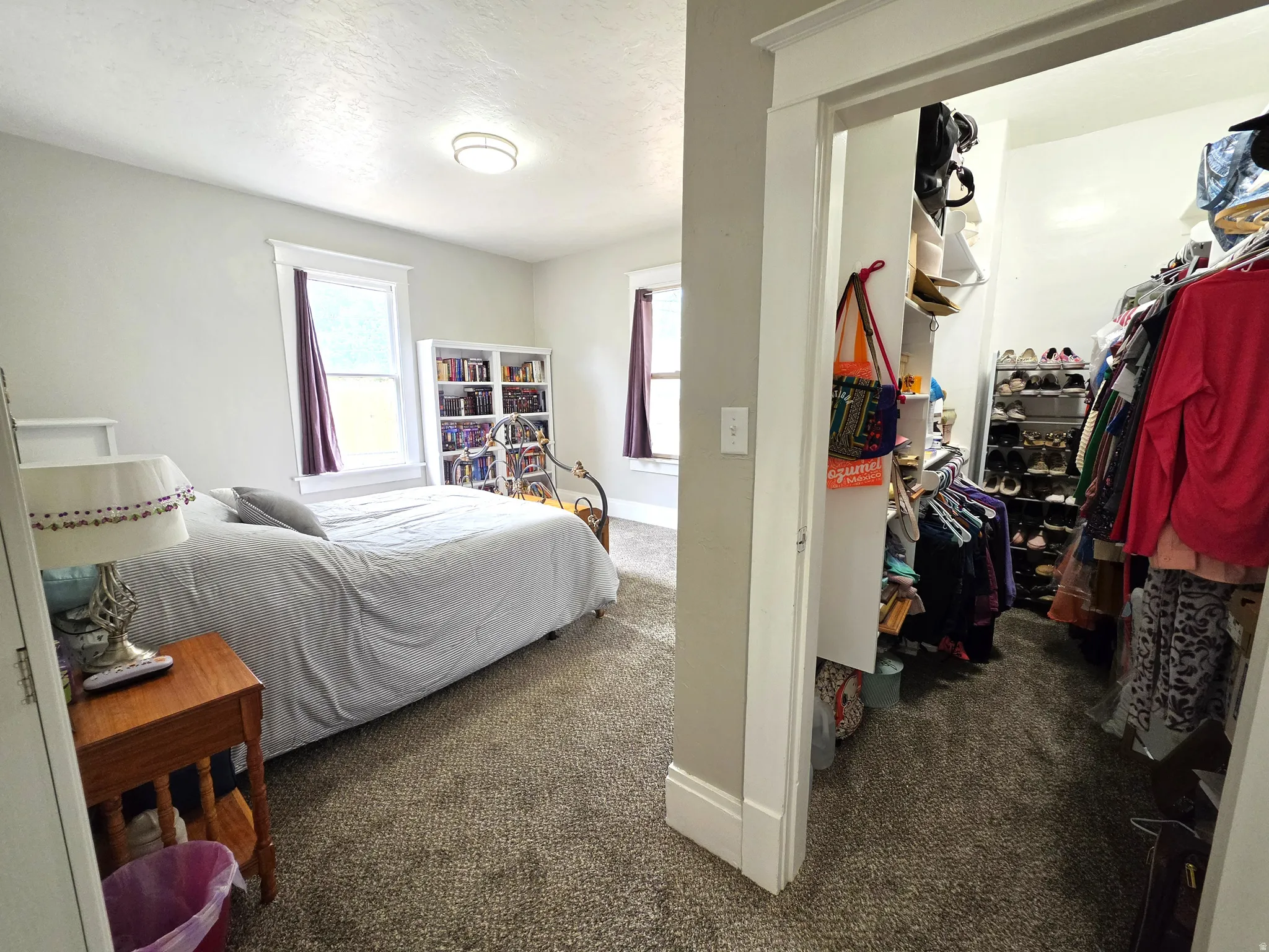 Carpeted room featuring a built-in closet with shelving and hanging storage