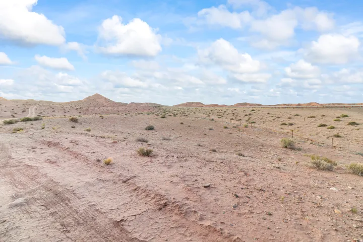 Expansive undeveloped land featuring a dirt track, sparse low-lying vegetation, a distant fence line, and rolling hills under a partly cloudy sky