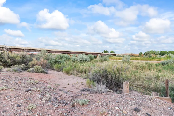 Expansive open land featuring diverse natural vegetation and a distant bridge structure under a broad sky