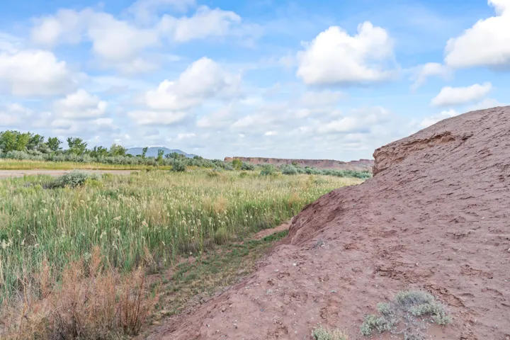 Expansive natural landscape featuring a tall earthen mound, wild grasses, distant trees, and a mountain range under a cloudy sky