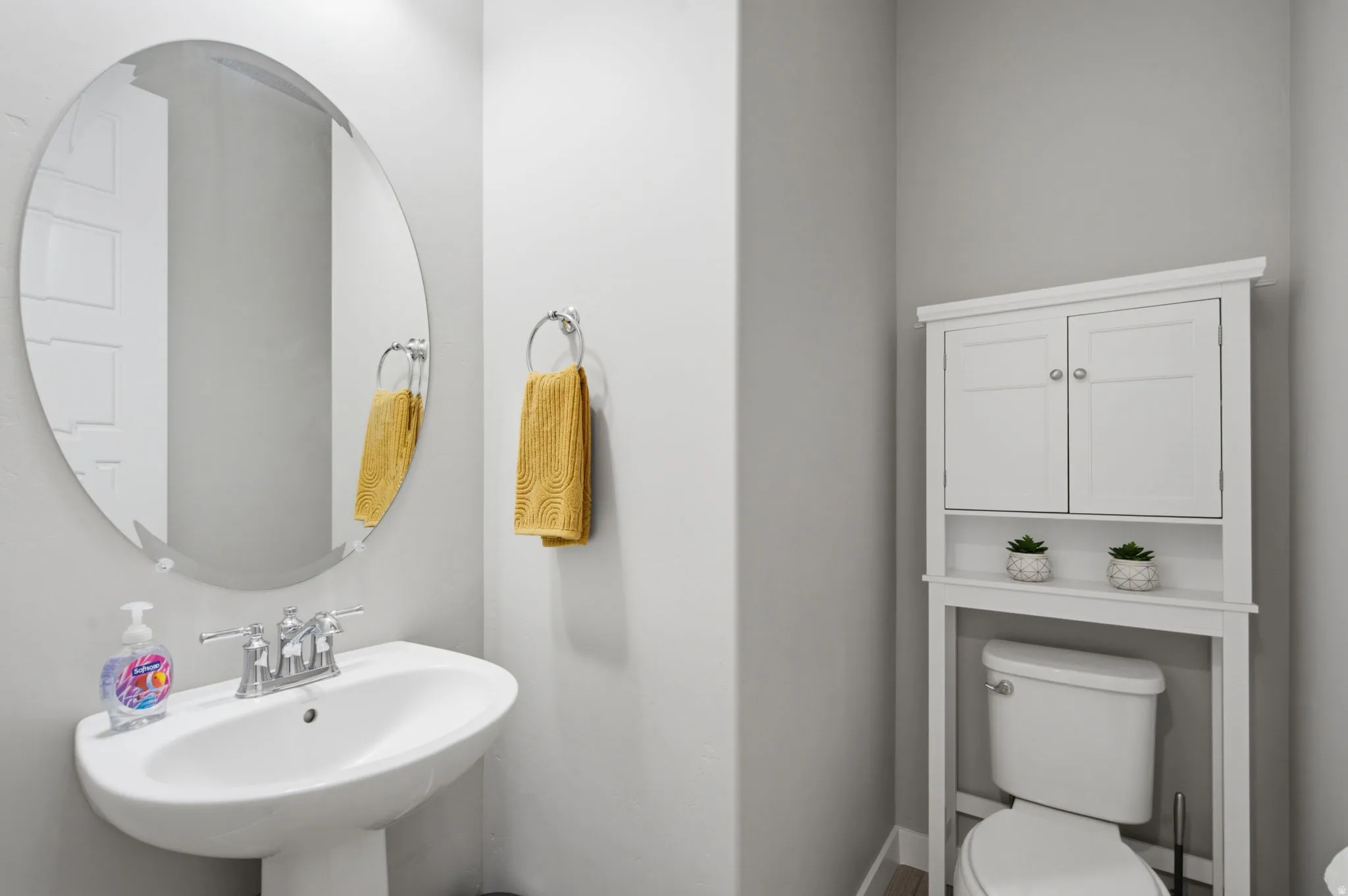 Pedestal sink with chrome faucet, complemented by a large oval mirror